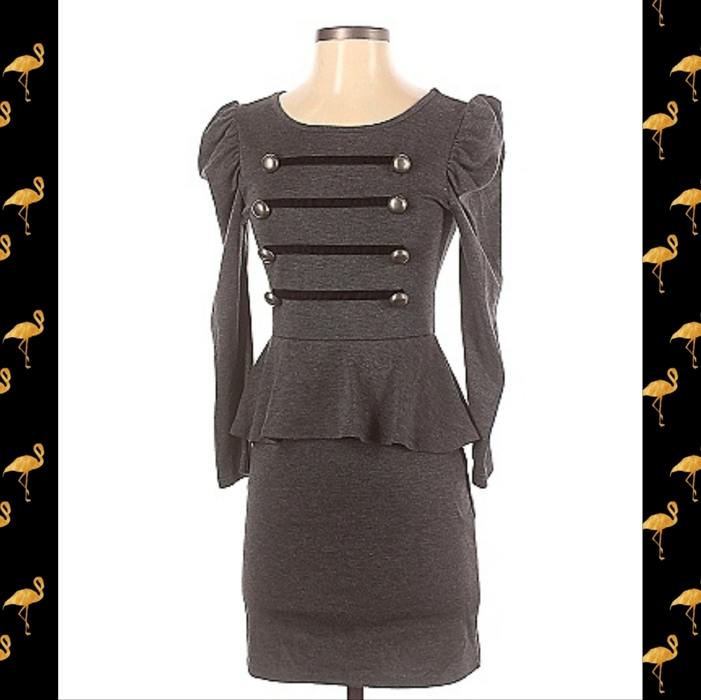 Estam Military Style Puff Sleeve Dress Buttons Peplum Steampunk Small